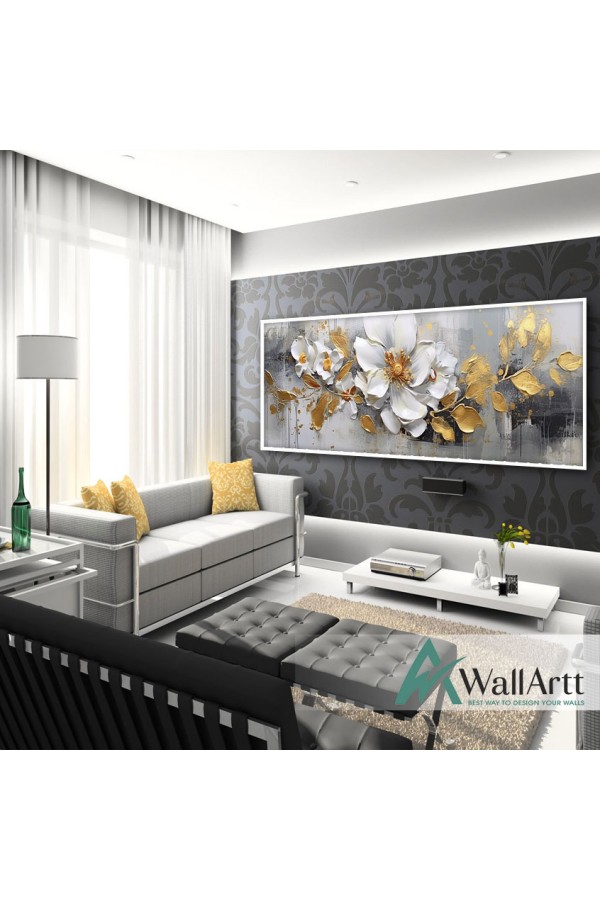 White Flower with Gold Leaves 3d Heavy Textured Partial Oil Painting